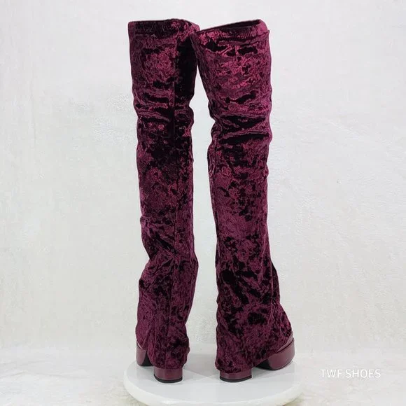 Good Will Unique Thigh High Wine Red Velvet Fold over Chunky Heel Platform Boots - Picture 3 of 10